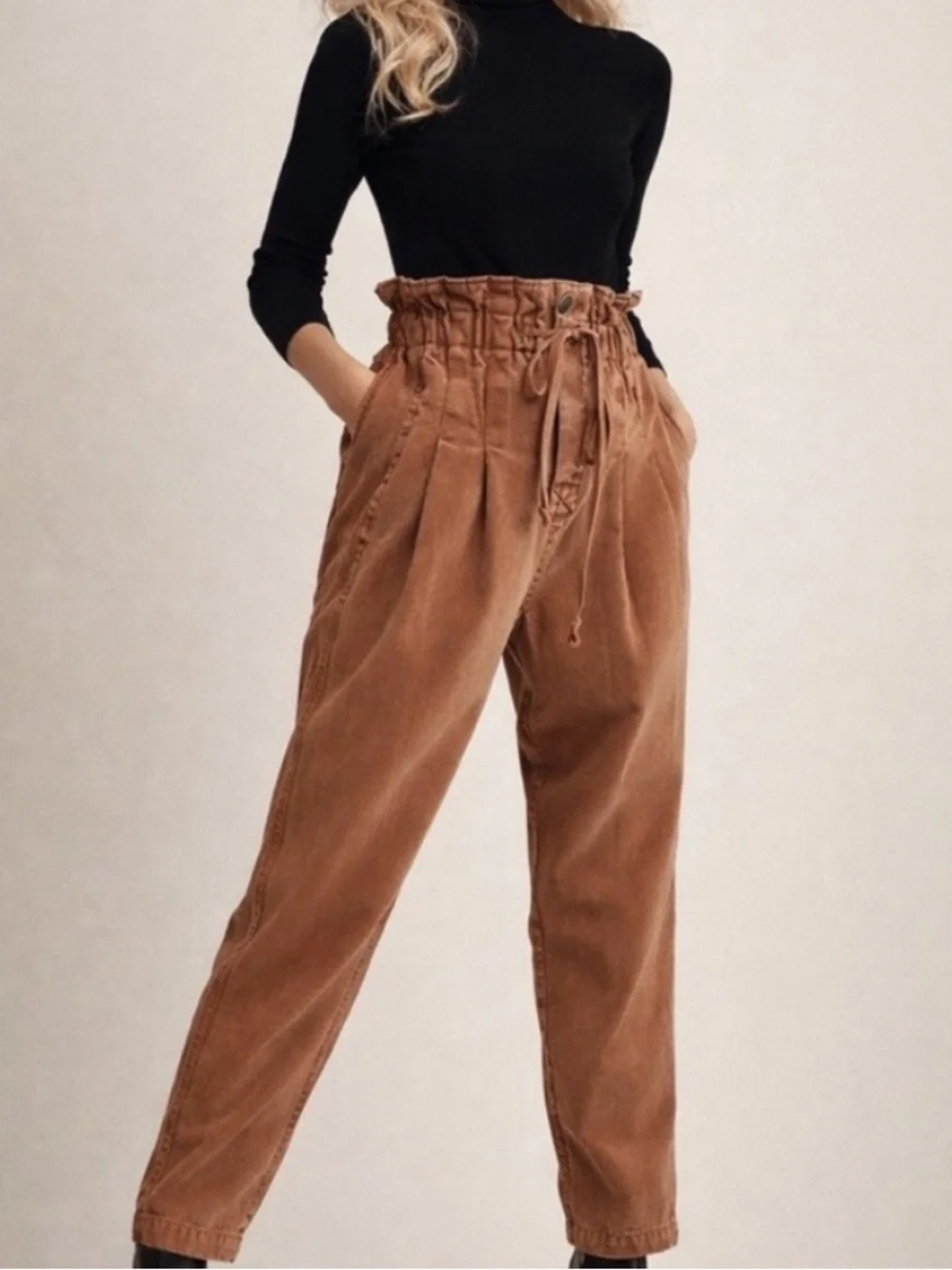 Free People Brown Margate Pleated Paper Bag Trouser Cargo Utility Jogger